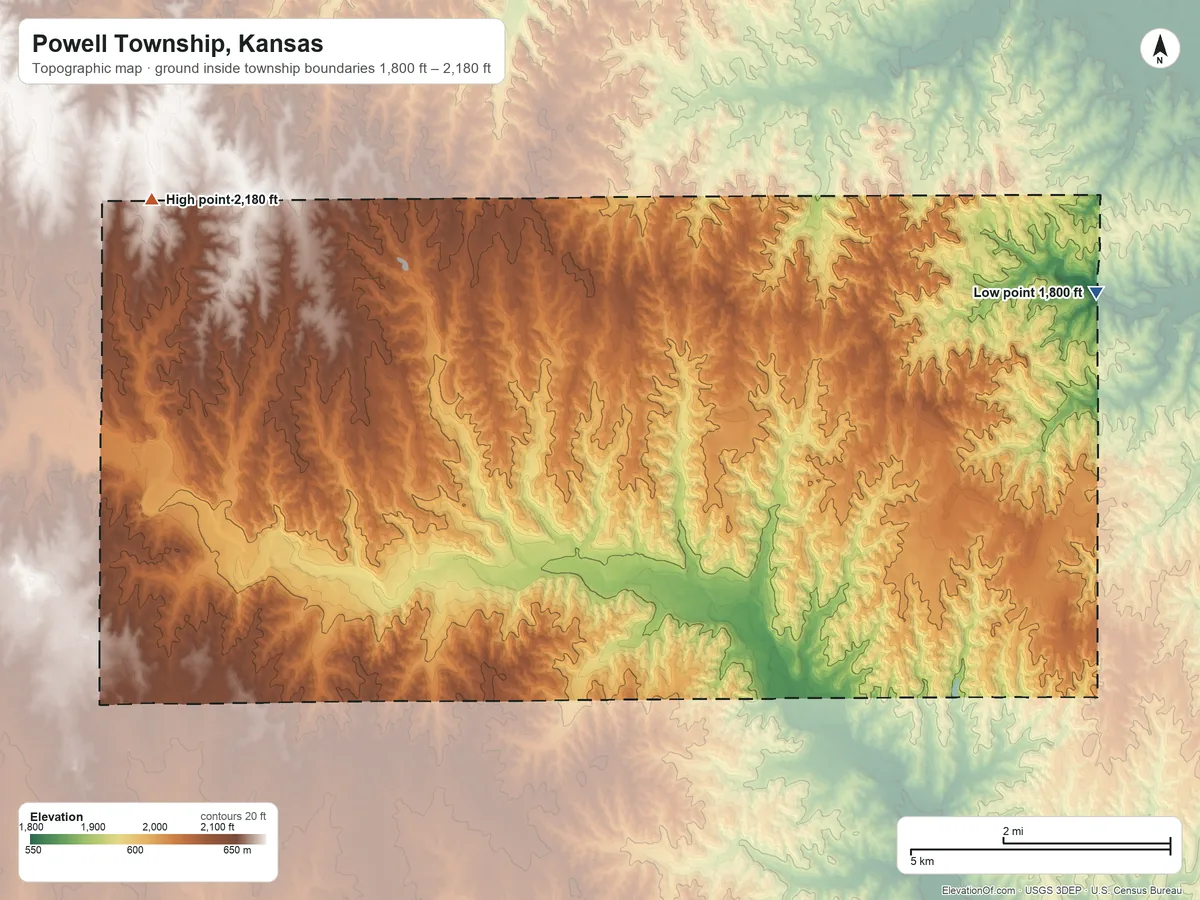 Topographic elevation map of Powell Township, Kansas, shaded from 1,800 ft on the east side to 2,180 ft on the north side