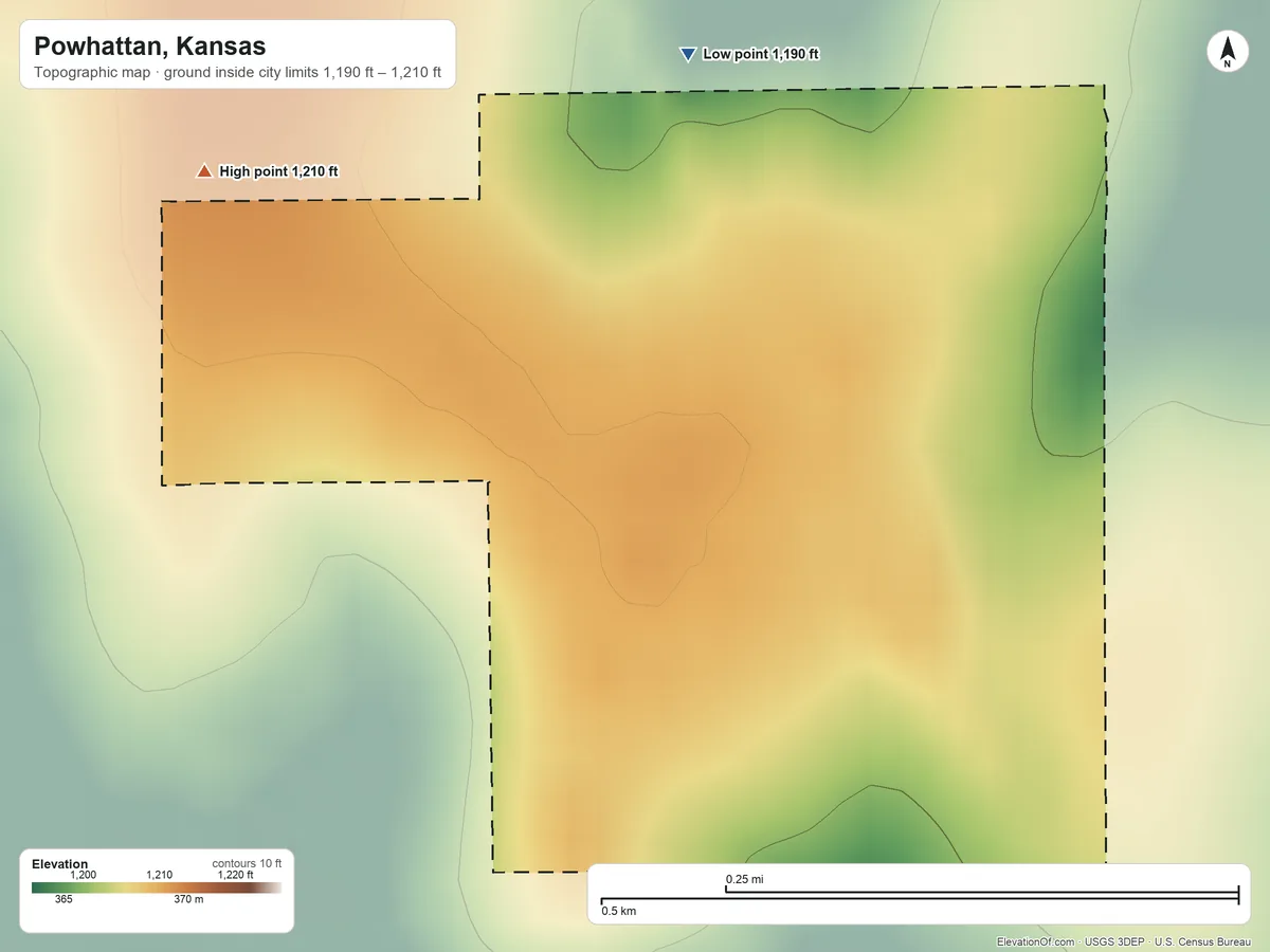 Topographic elevation map of Powhattan, Kansas, shaded from 1,190 ft on the north side to 1,210 ft on the northwest side