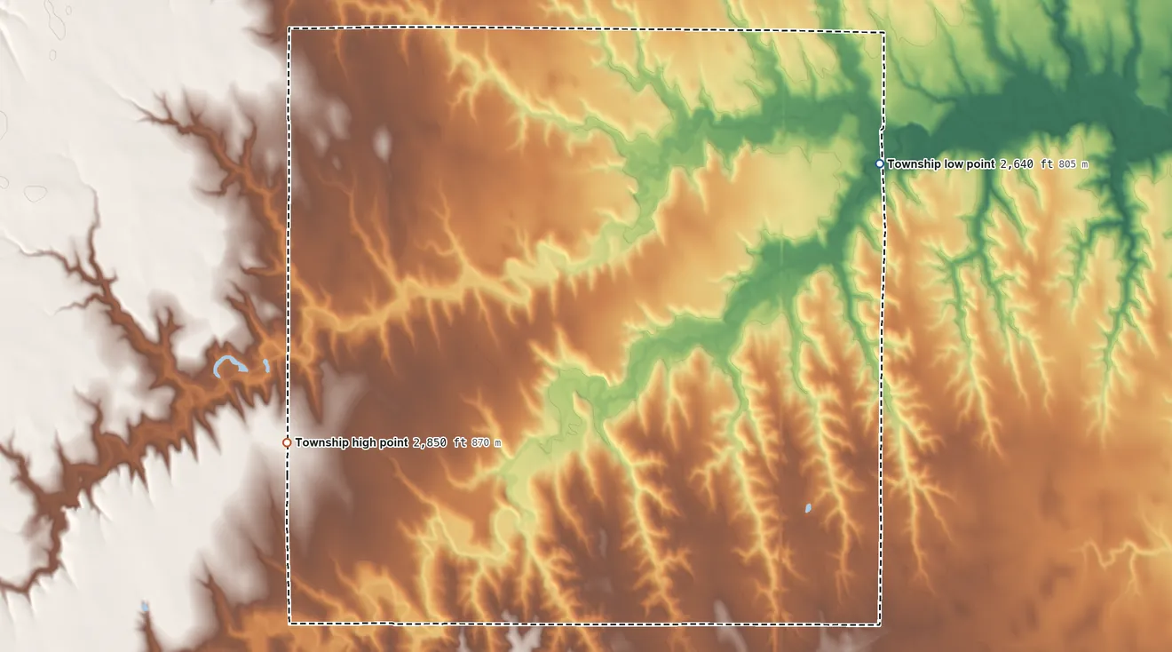 Topographic elevation map of Prairie Dog Township, Kansas, shaded from 2,640 ft on the northeast side to 2,850 ft on the west side