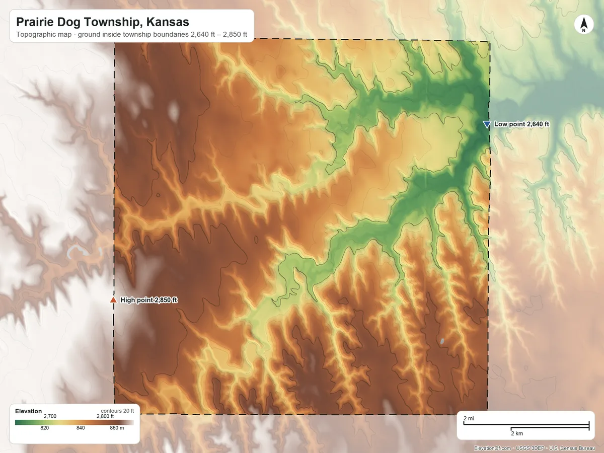 Topographic elevation map of Prairie Dog Township, Kansas, shaded from 2,640 ft on the northeast side to 2,850 ft on the west side