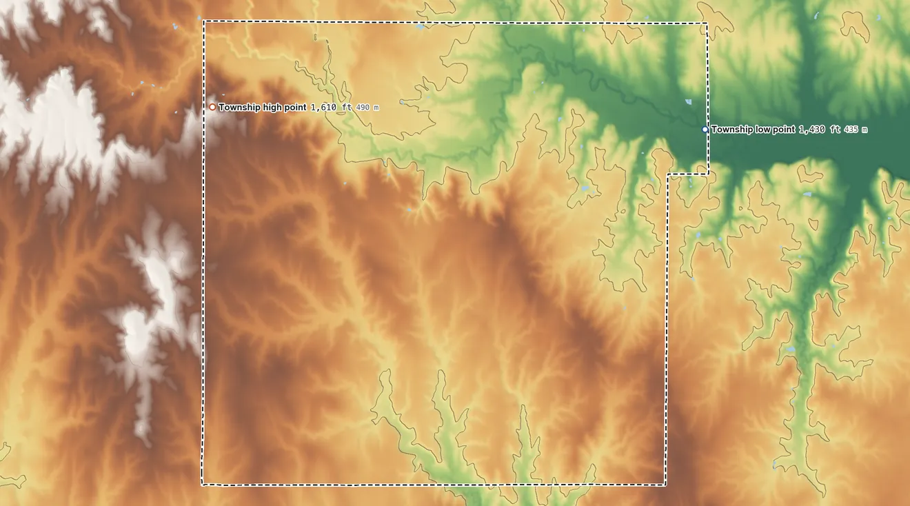 Topographic elevation map of Prairie Township, Kansas, shaded from 1,430 ft on the east side to 1,610 ft on the west side