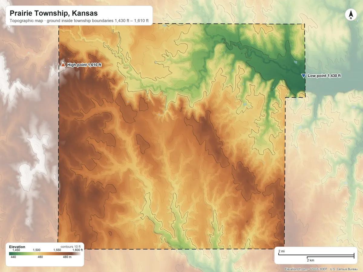 Topographic elevation map of Prairie Township, Kansas, shaded from 1,430 ft on the east side to 1,610 ft on the west side