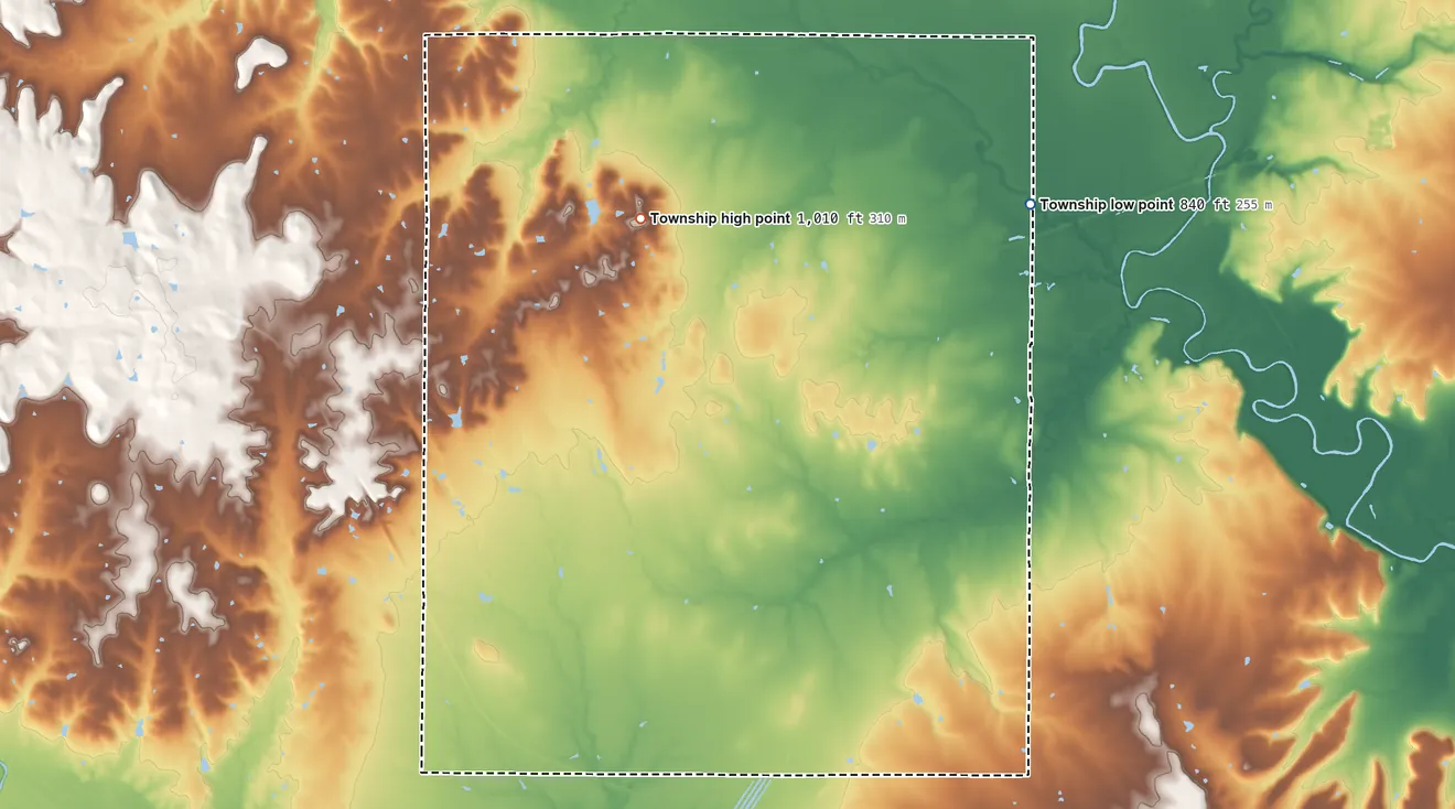 Topographic elevation map of Prairie Township, Wilson County, Kansas, shaded from 840 ft on the northeast side to 1,010 ft on the northwest side