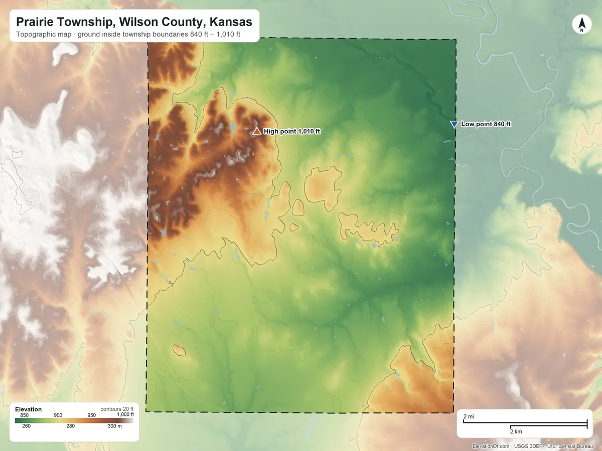 Topographic elevation map of Prairie Township, Wilson County, Kansas, shaded from 840 ft on the northeast side to 1,010 ft on the northwest side