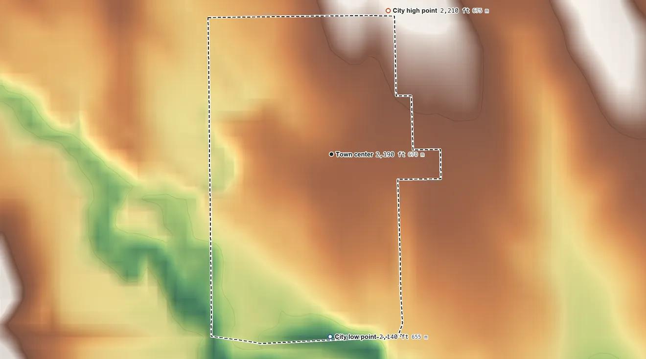 Topographic elevation map of Prairie View, Kansas, shaded from 2,140 ft on the south side to 2,210 ft on the north side