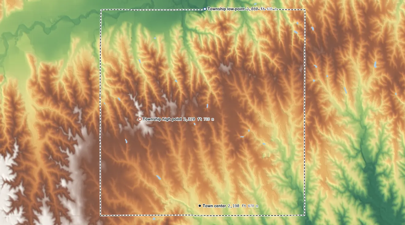 Topographic elevation map of Prairie View Township, Kansas, shaded from 2,080 ft on the north side to 2,320 ft on the northwest side