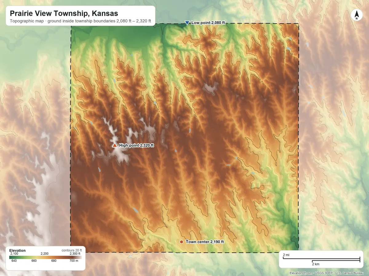 Topographic elevation map of Prairie View Township, Kansas, shaded from 2,080 ft on the north side to 2,320 ft on the northwest side