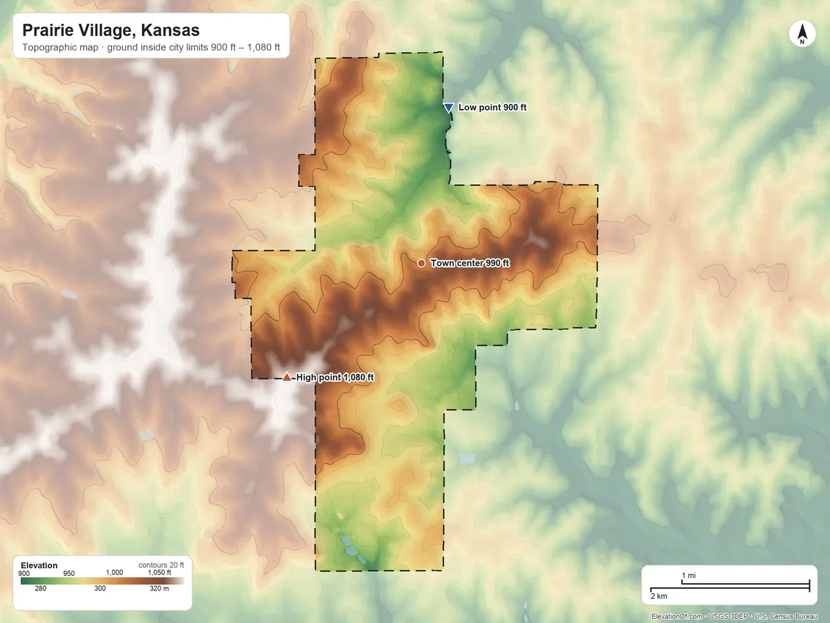 Topographic elevation map of Prairie Village, Kansas, shaded from 900 ft on the north side to 1,080 ft on the southwest side