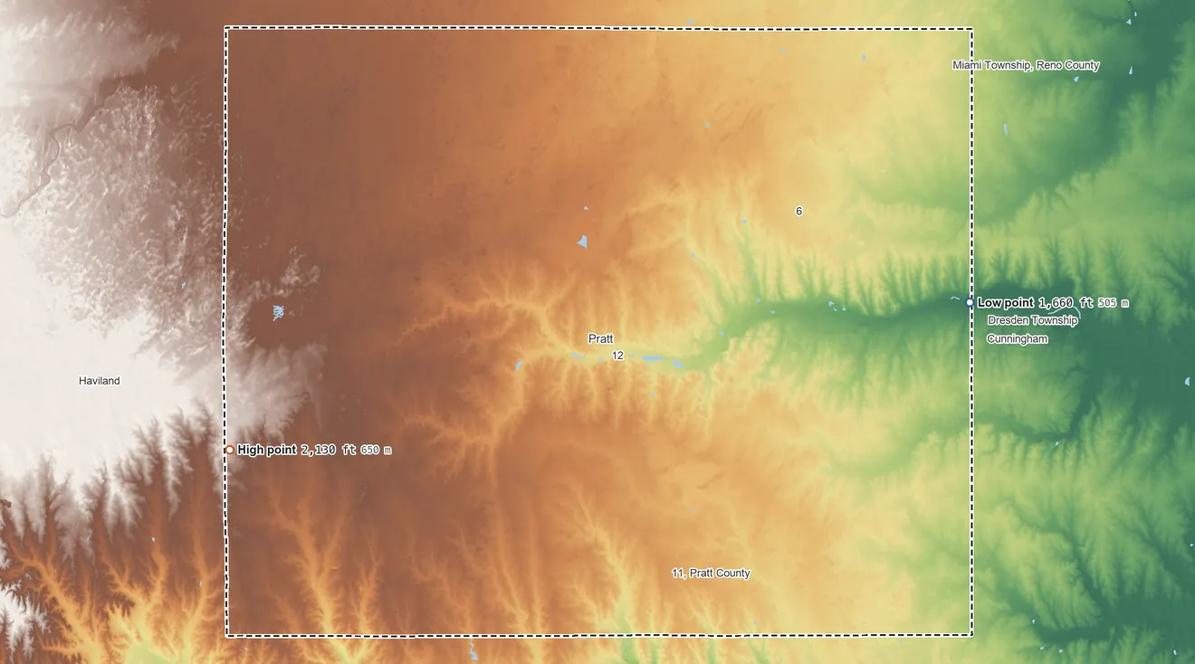 Topographic elevation map of Pratt County, Kansas, shaded from 1,660 ft on the east side to 2,130 ft on the west side