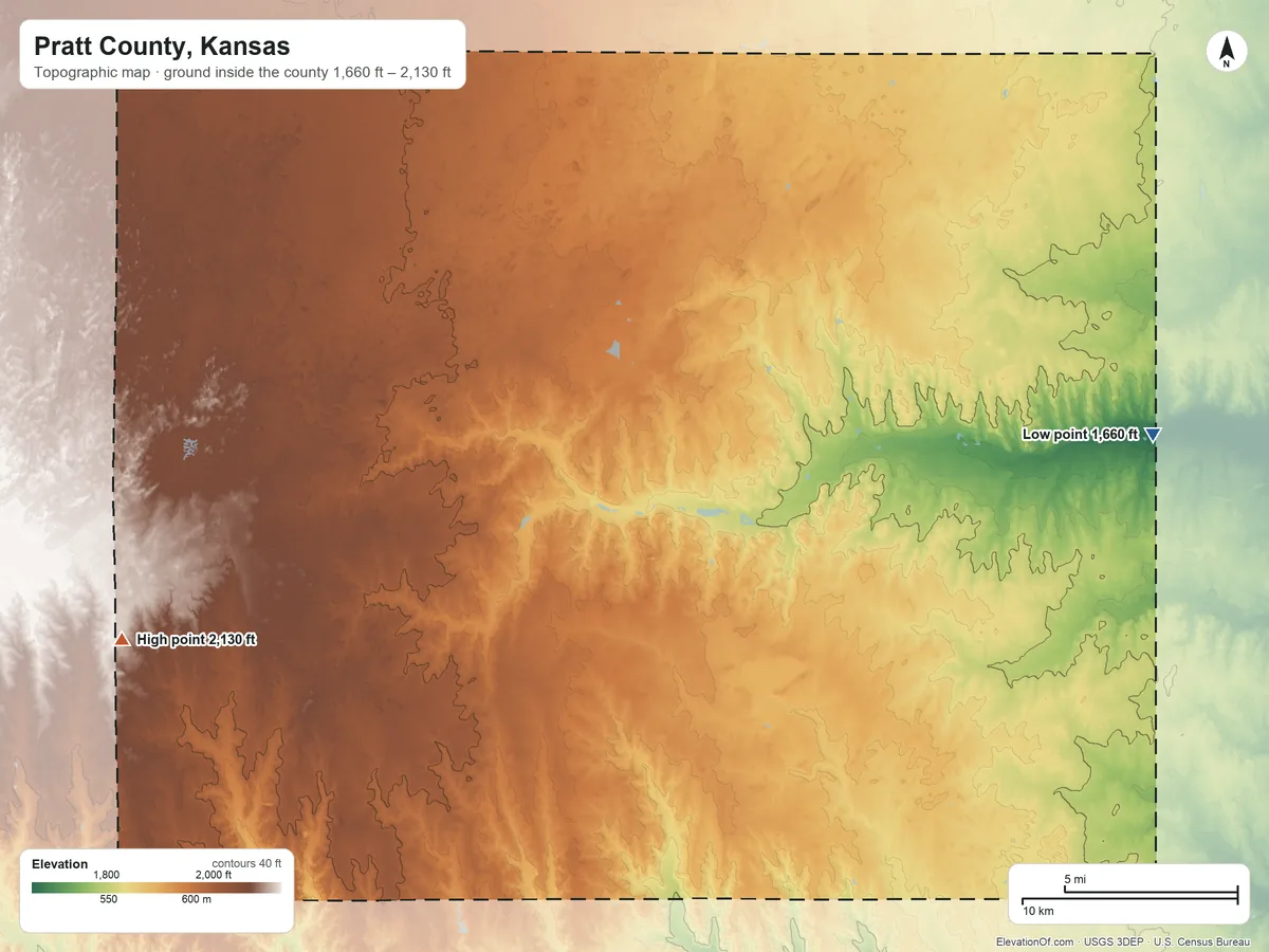 Topographic elevation map of Pratt County, Kansas, shaded from 1,660 ft on the east side to 2,130 ft on the west side