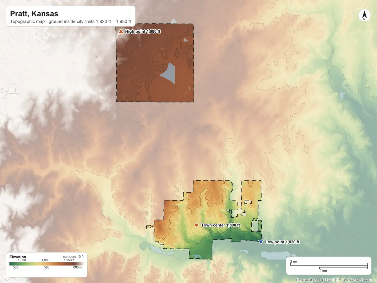 Topographic elevation map of Pratt, Kansas, shaded from 1,820 ft on the east side to 1,980 ft on the north side