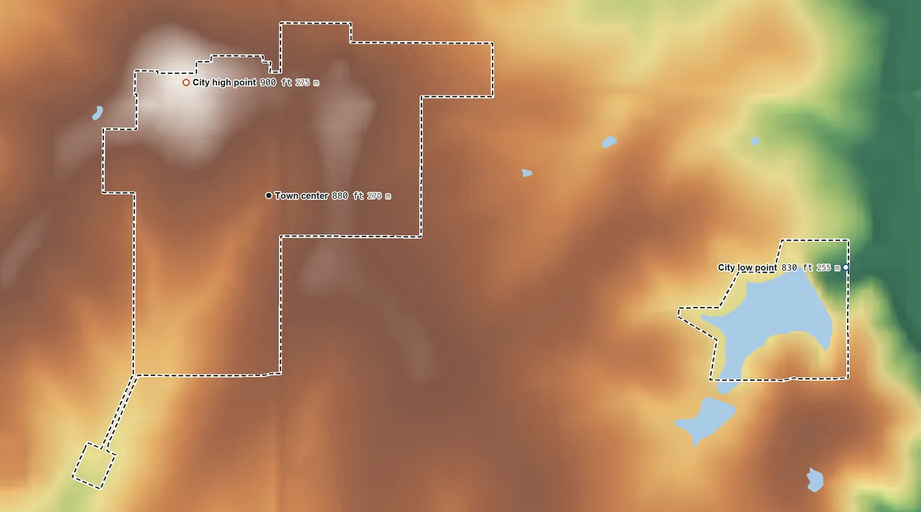 Topographic elevation map of Prescott, Kansas, shaded from 830 ft on the east side to 900 ft on the northwest side