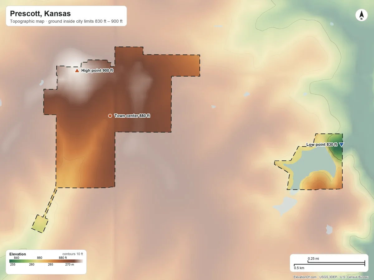 Topographic elevation map of Prescott, Kansas, shaded from 830 ft on the east side to 900 ft on the northwest side