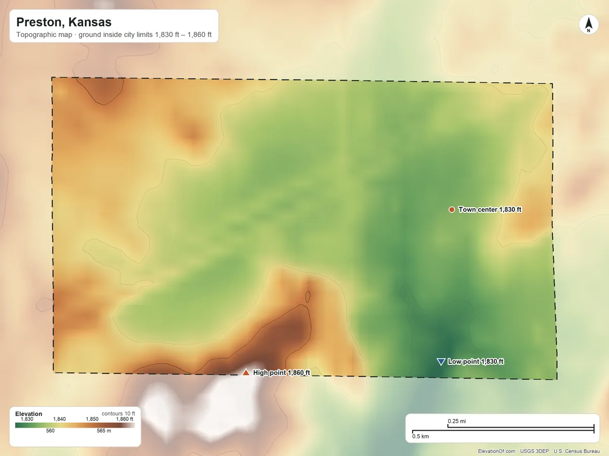 Topographic elevation map of Preston, Kansas, shaded from 1,830 ft on the south side to 1,860 ft on the southwest side