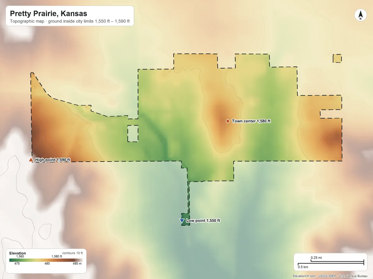 Topographic elevation map of Pretty Prairie, Kansas, shaded from 1,550 ft on the southwest side to 1,590 ft on the west side