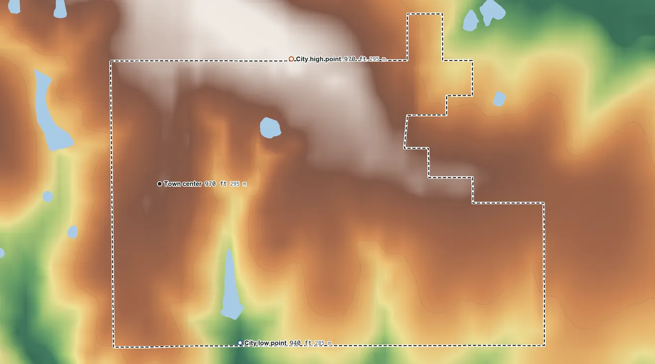 Topographic elevation map of Princeton, Kansas, shaded from 940 ft on the southeast side to 970 ft on the northeast side
