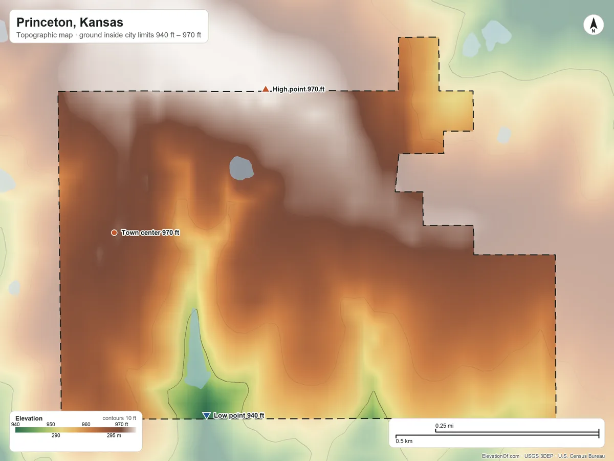 Topographic elevation map of Princeton, Kansas, shaded from 940 ft on the southeast side to 970 ft on the northeast side