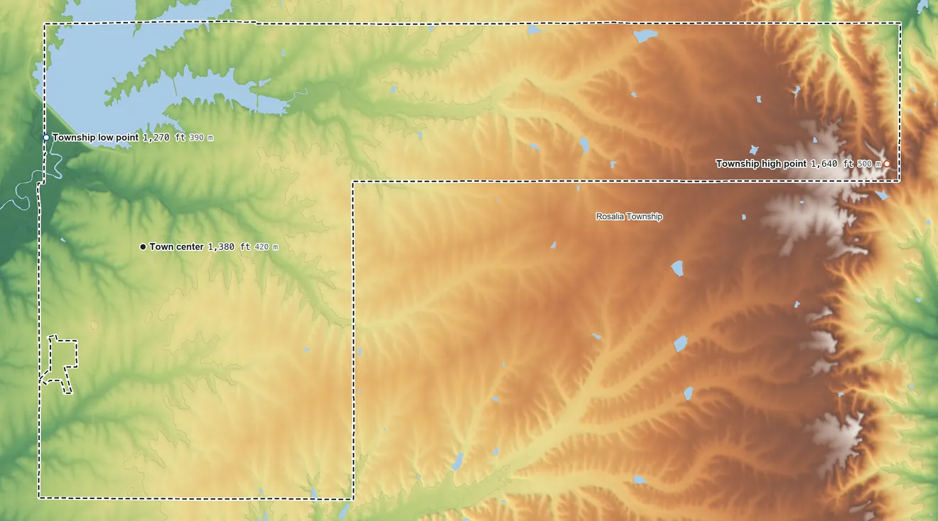 Topographic elevation map of Prospect Township, Kansas, shaded from 1,270 ft on the northwest side to 1,640 ft on the east side