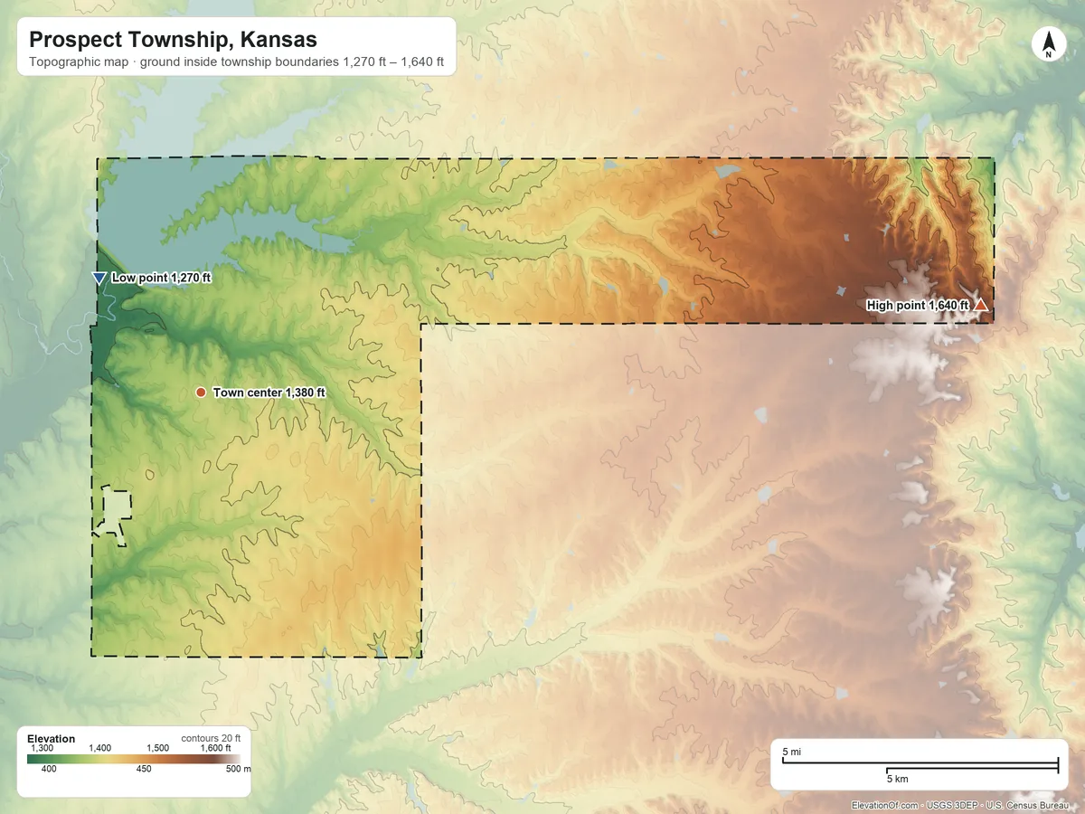 Topographic elevation map of Prospect Township, Kansas, shaded from 1,270 ft on the northwest side to 1,640 ft on the east side