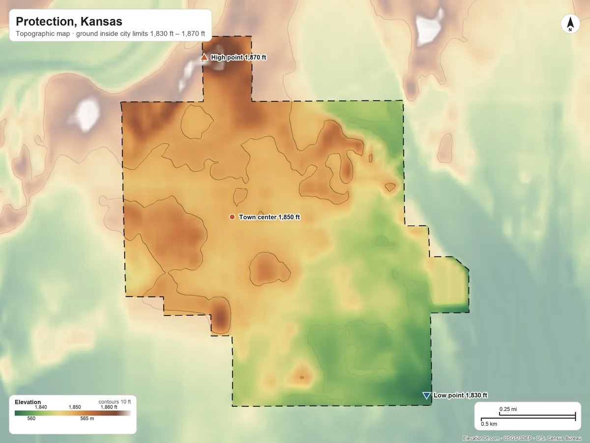 Topographic elevation map of Protection, Kansas, shaded from 1,830 ft on the southeast side to 1,870 ft on the north side