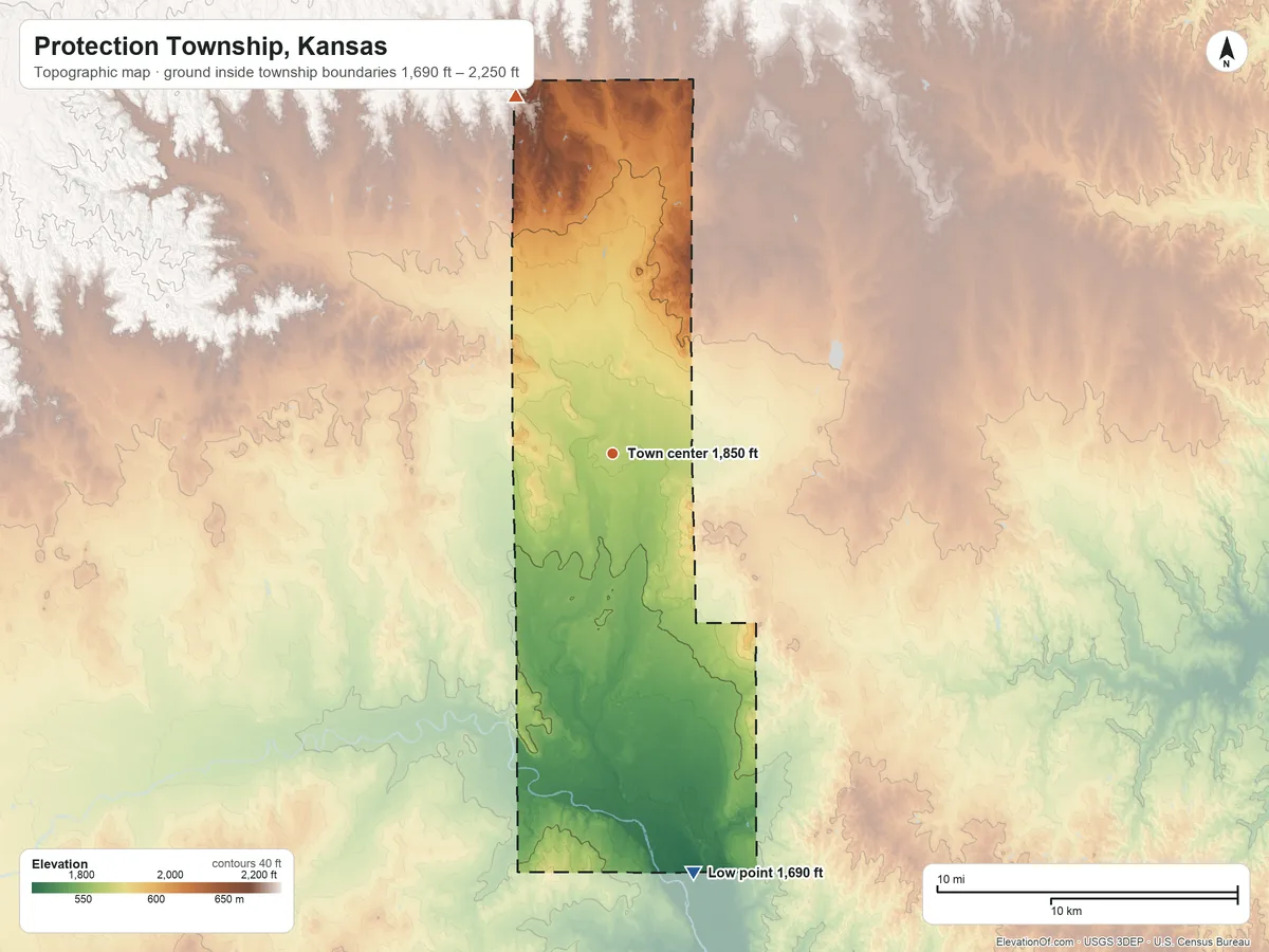 Topographic elevation map of Protection Township, Kansas, shaded from 1,690 ft on the south side to 2,250 ft on the north side