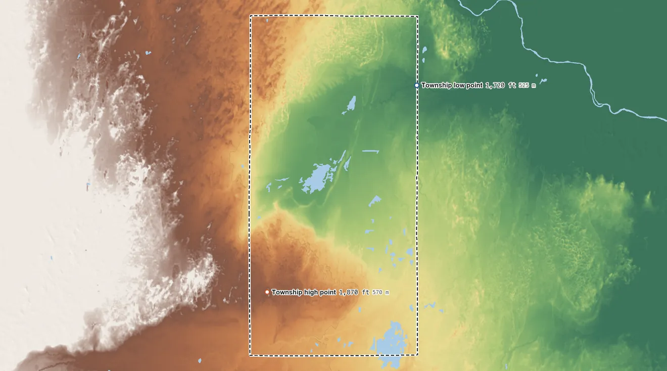 Topographic elevation map of Putnam Township, Stafford County, Kansas, shaded from 1,720 ft on the east side to 1,870 ft on the south side
