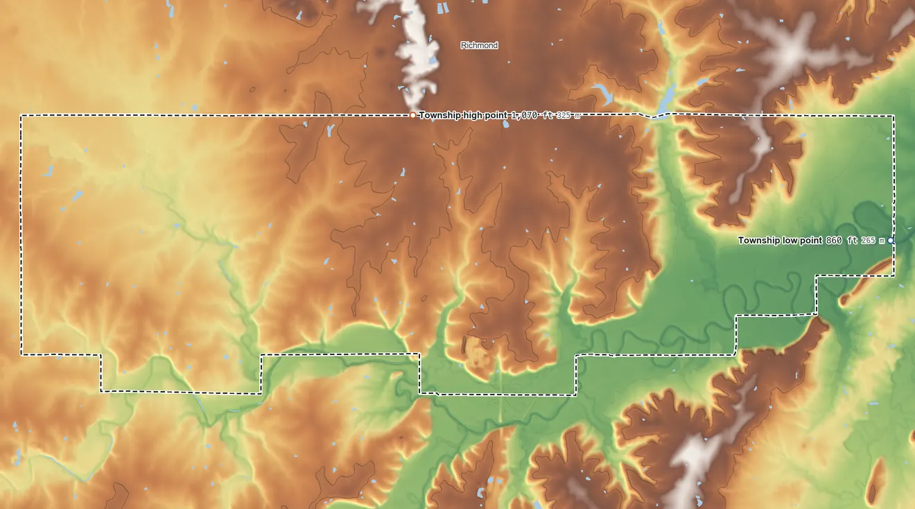 Topographic elevation map of Putnam Township, Kansas, shaded from 860 ft on the east side to 1,070 ft on the northwest side