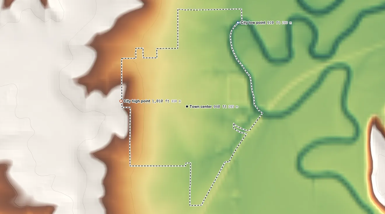 Topographic elevation map of Quenemo, Kansas, shaded from 910 ft on the northeast side to 1,010 ft on the west side