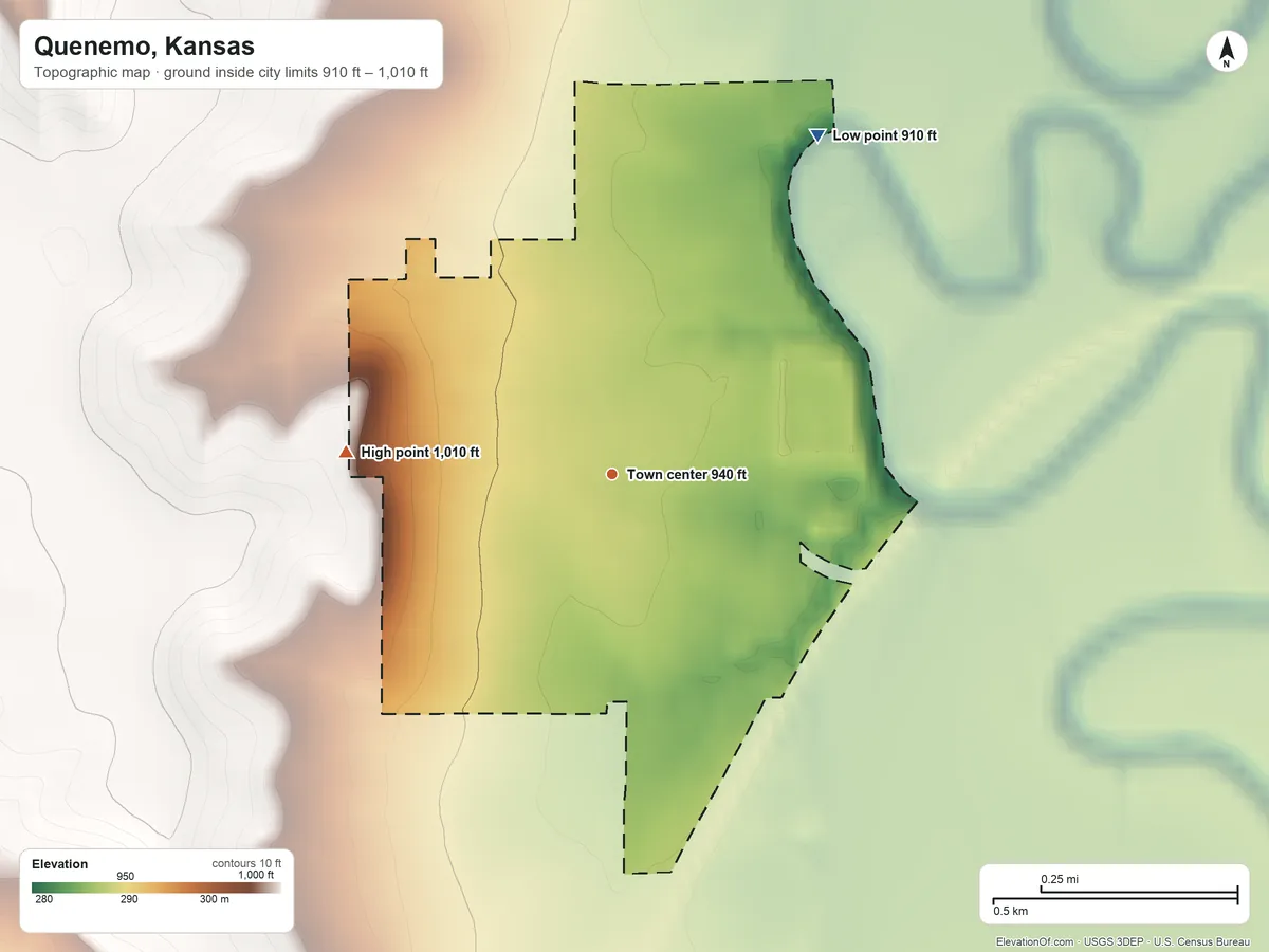 Topographic elevation map of Quenemo, Kansas, shaded from 910 ft on the northeast side to 1,010 ft on the west side