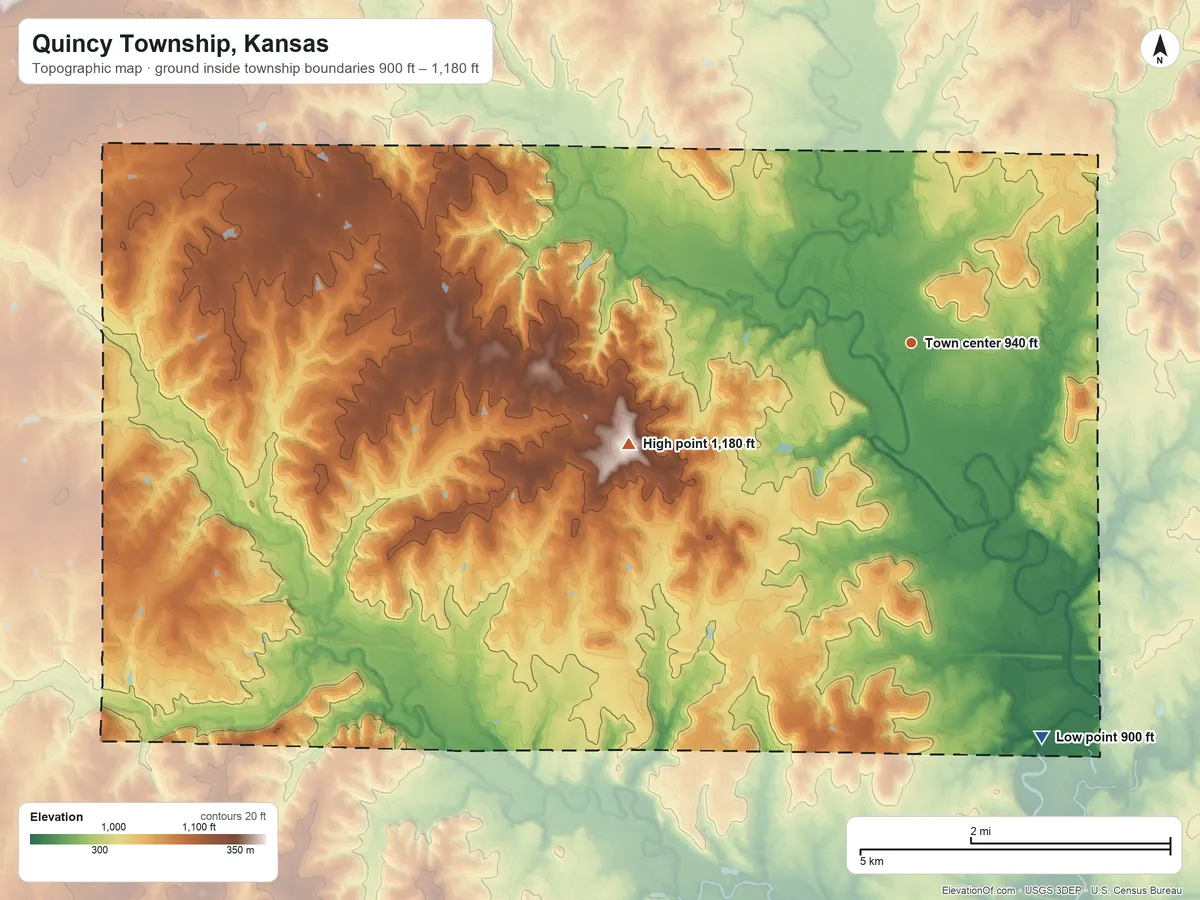 Topographic elevation map of Quincy Township, Kansas, shaded from 900 ft on the south side to 1,180 ft on the west side