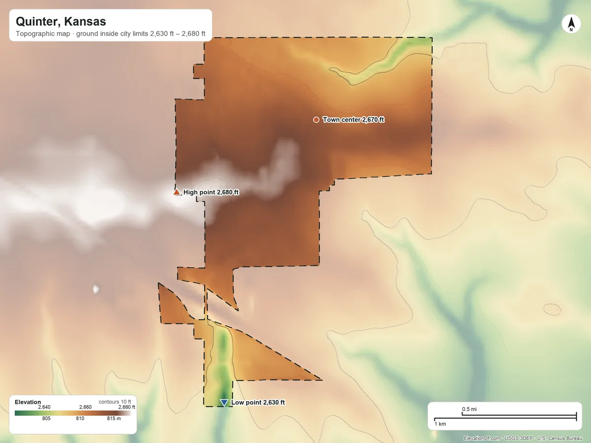 Topographic elevation map of Quinter, Kansas, shaded from 2,630 ft on the south side to 2,680 ft on the southwest side