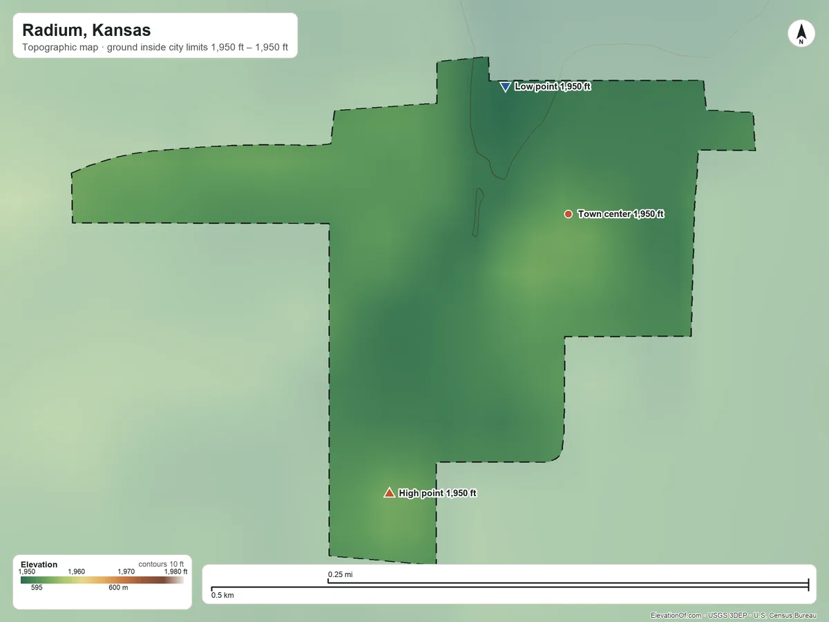 Topographic elevation map of Radium, Kansas, shaded from 1,950 ft on the northwest side to 1,950 ft on the southwest side