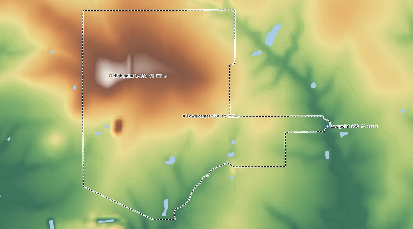 Topographic elevation map of Radley, Kansas, shaded from 950 ft on the east side to 1,000 ft on the northwest side