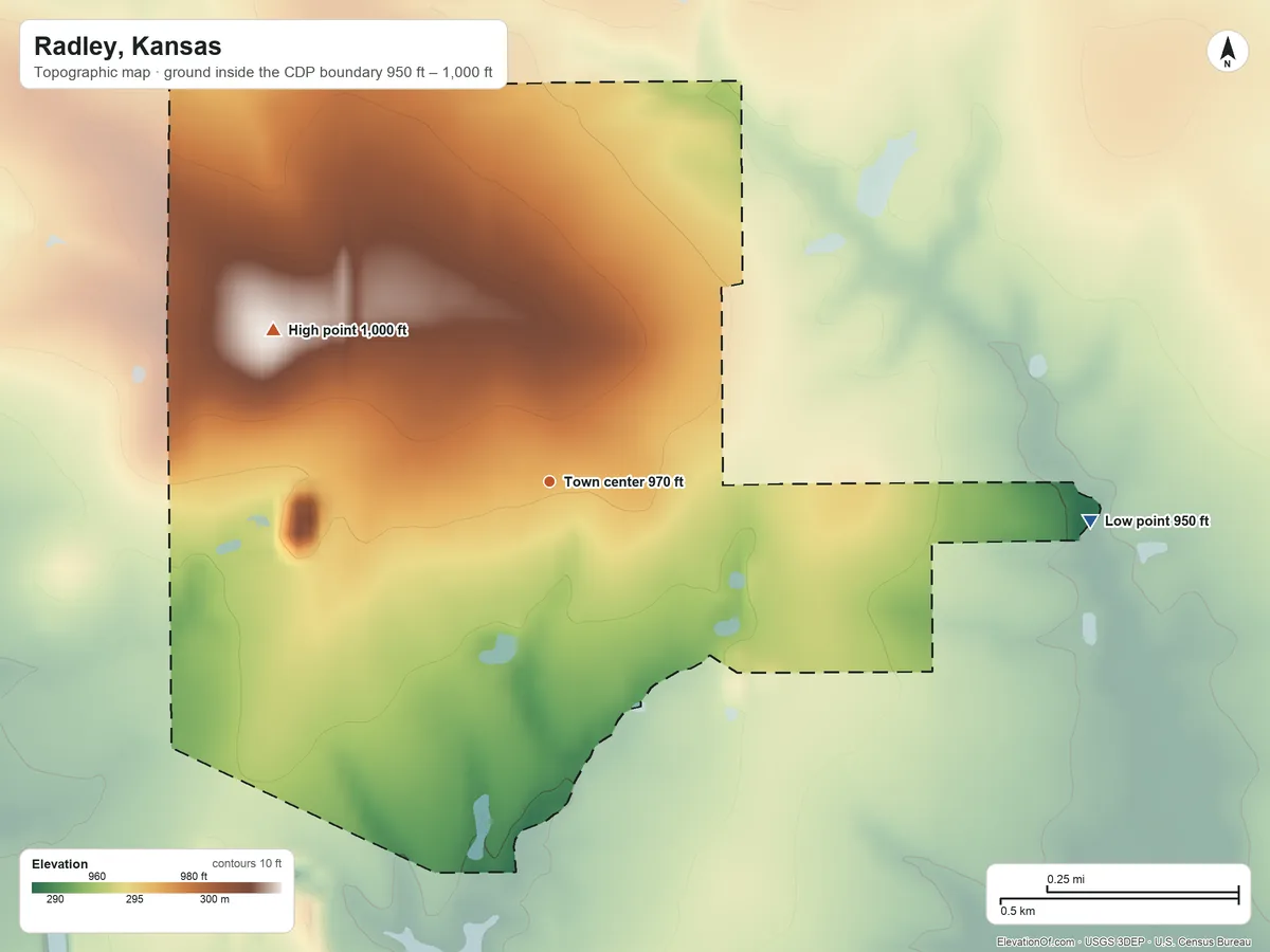 Topographic elevation map of Radley, Kansas, shaded from 950 ft on the east side to 1,000 ft on the northwest side