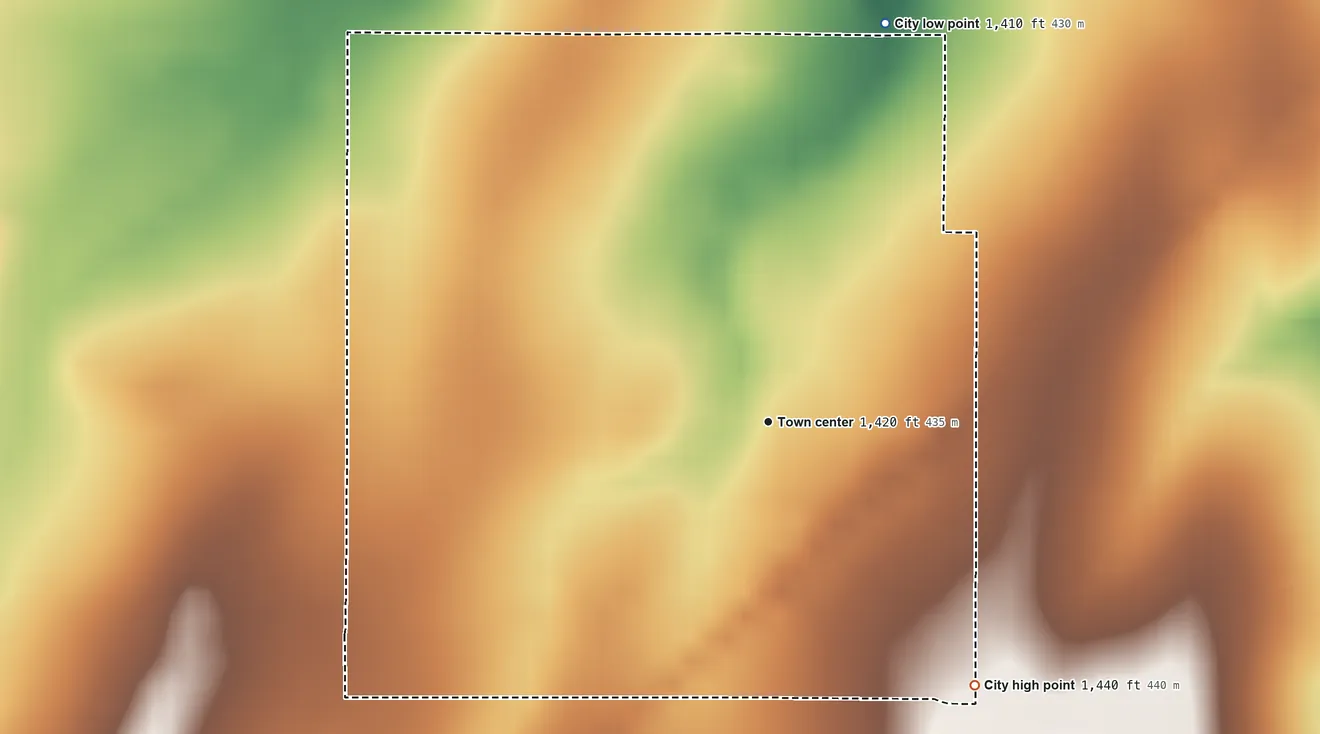 Topographic elevation map of Ramona, Kansas, shaded from 1,410 ft on the north side to 1,440 ft on the southeast side