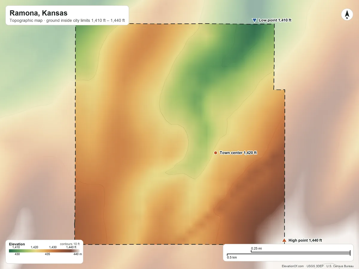 Topographic elevation map of Ramona, Kansas, shaded from 1,410 ft on the north side to 1,440 ft on the southeast side