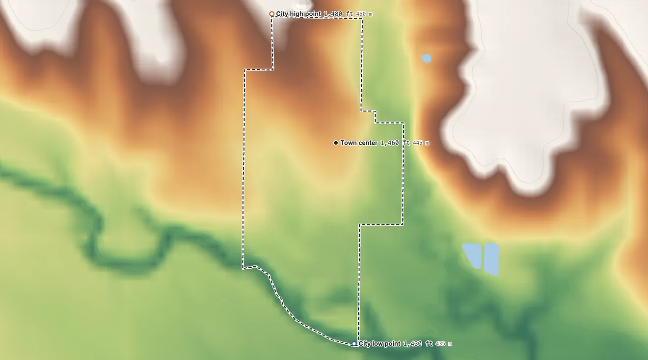Topographic elevation map of Randall, Kansas, shaded from 1,430 ft on the south side to 1,480 ft on the northwest side