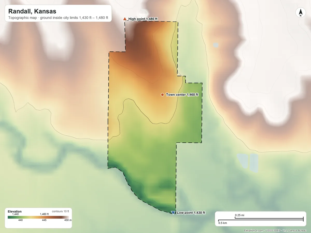 Topographic elevation map of Randall, Kansas, shaded from 1,430 ft on the south side to 1,480 ft on the northwest side