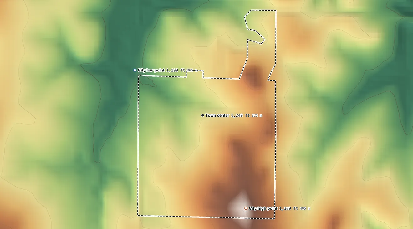 Topographic elevation map of Randolph, Kansas, shaded from 1,190 ft on the northwest side to 1,320 ft on the southeast side