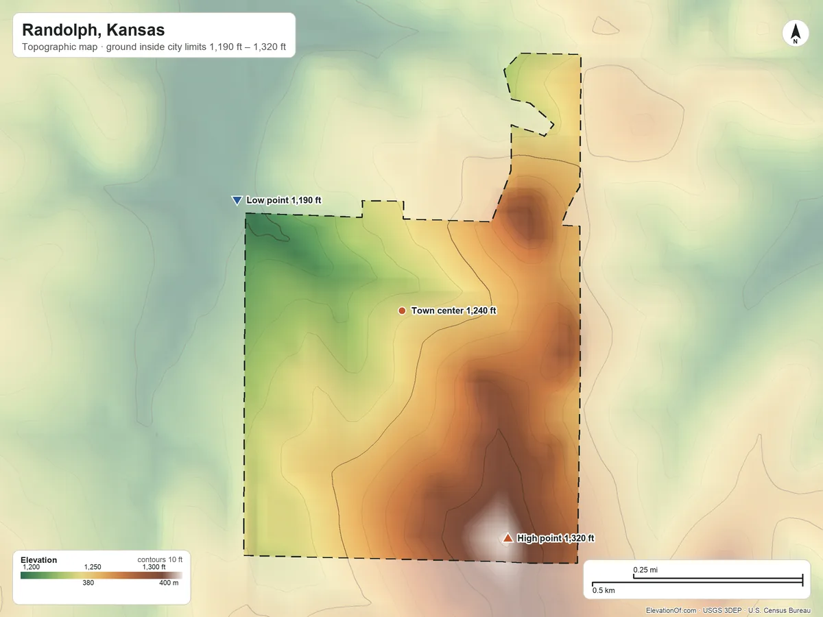 Topographic elevation map of Randolph, Kansas, shaded from 1,190 ft on the northwest side to 1,320 ft on the southeast side