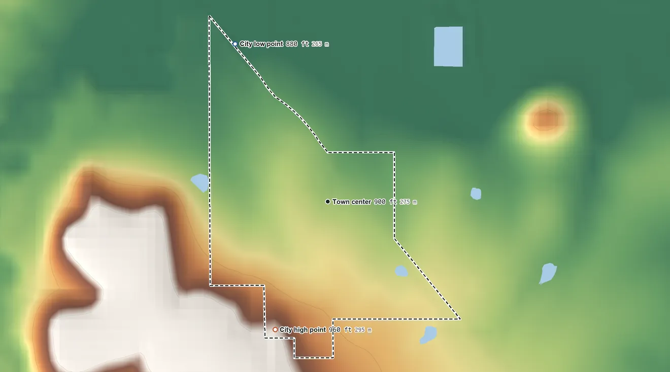 Topographic elevation map of Rantoul, Kansas, shaded from 880 ft on the northwest side to 960 ft on the south side