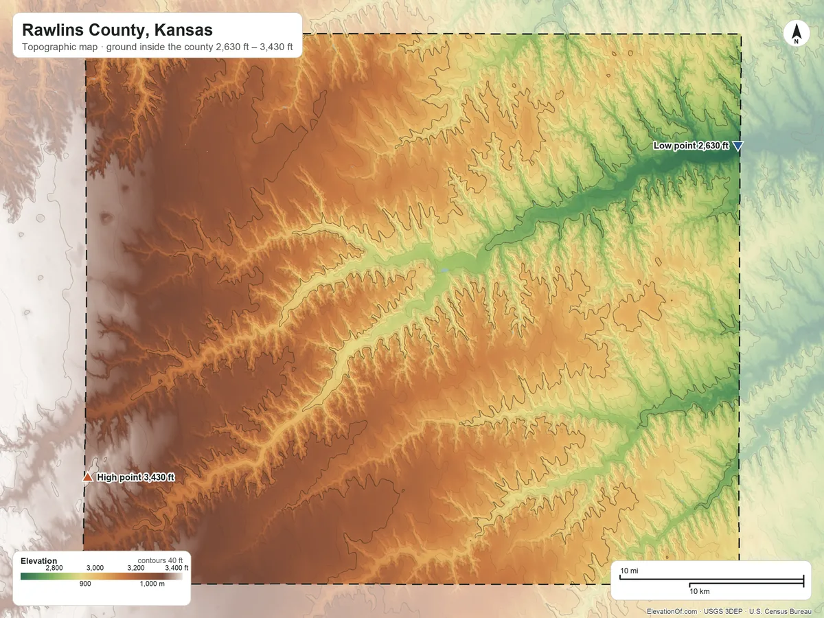 Topographic elevation map of Rawlins County, Kansas, shaded from 2,630 ft on the northeast side to 3,430 ft on the southwest side