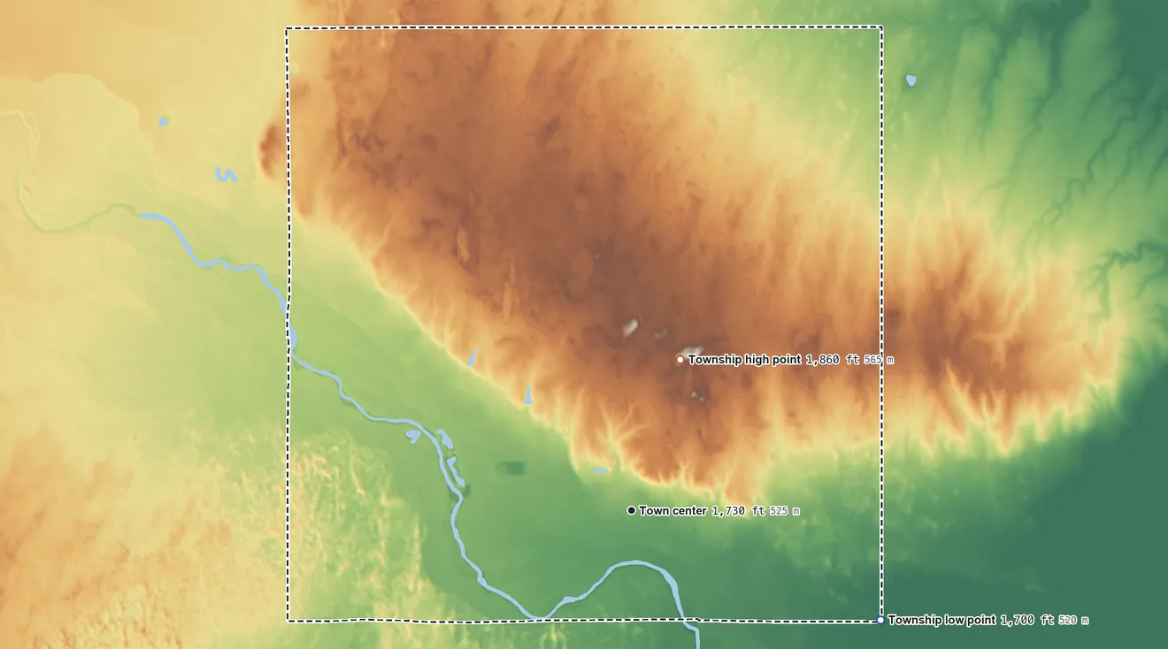 Topographic elevation map of Raymond Township, Kansas, shaded from 1,700 ft on the southeast side to 1,860 ft on the north side