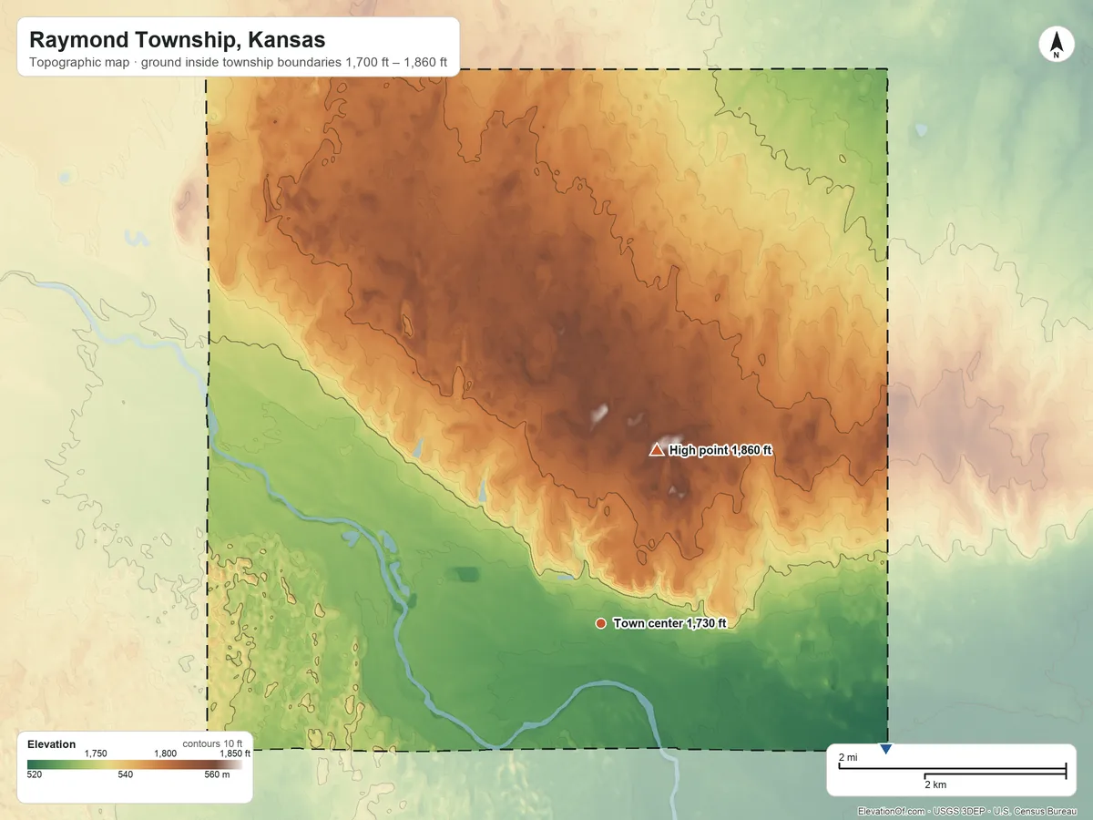Topographic elevation map of Raymond Township, Kansas, shaded from 1,700 ft on the southeast side to 1,860 ft on the north side
