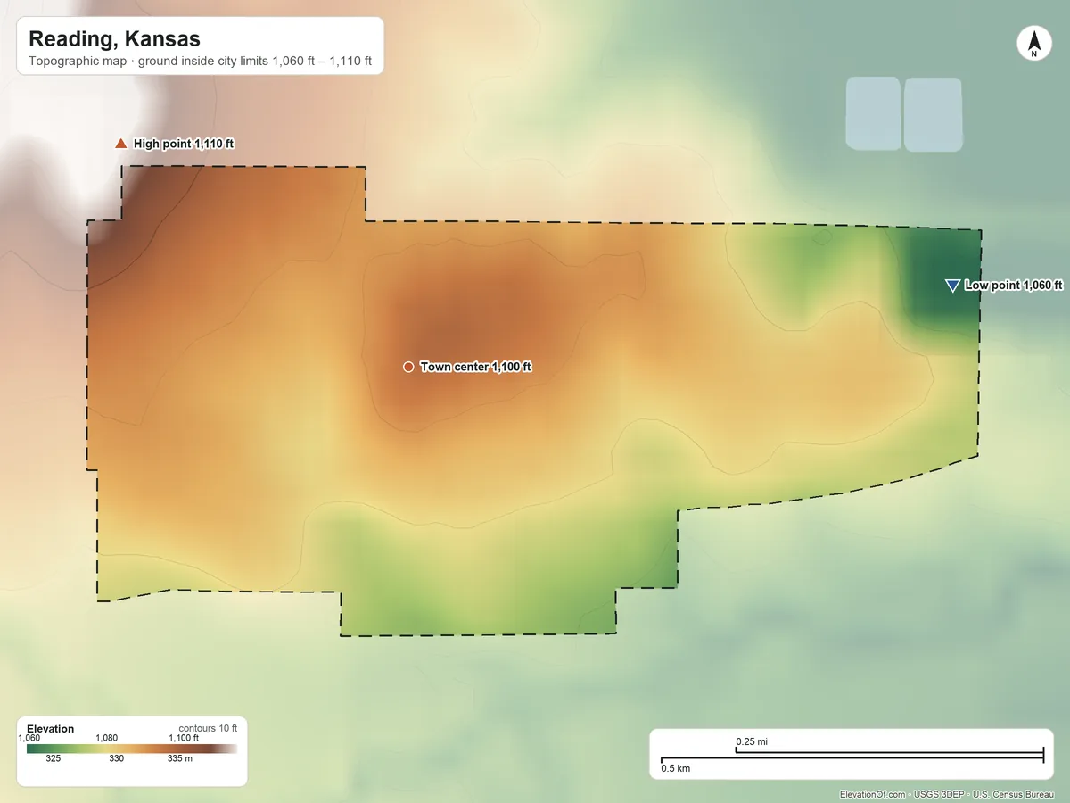 Topographic elevation map of Reading, Kansas, shaded from 1,060 ft on the east side to 1,110 ft on the northwest side