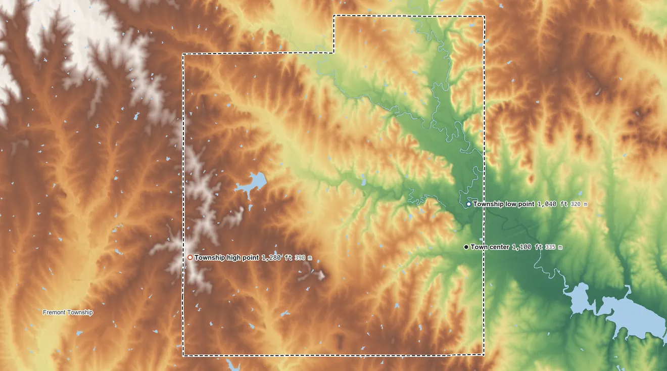 Topographic elevation map of Reading Township, Kansas, shaded from 1,040 ft near the middle to 1,280 ft on the west side