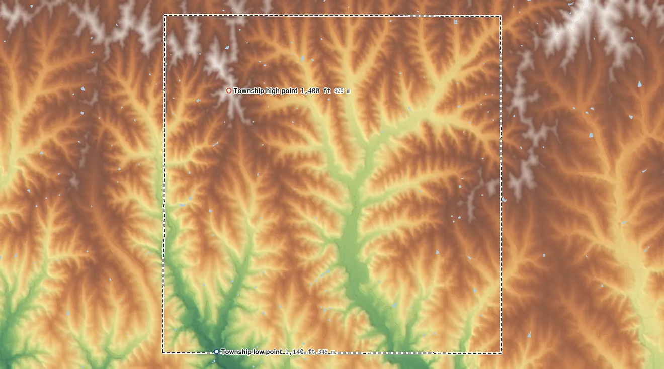 Topographic elevation map of Red Vermillion Township, Kansas, shaded from 1,140 ft on the southwest side to 1,400 ft on the northwest side