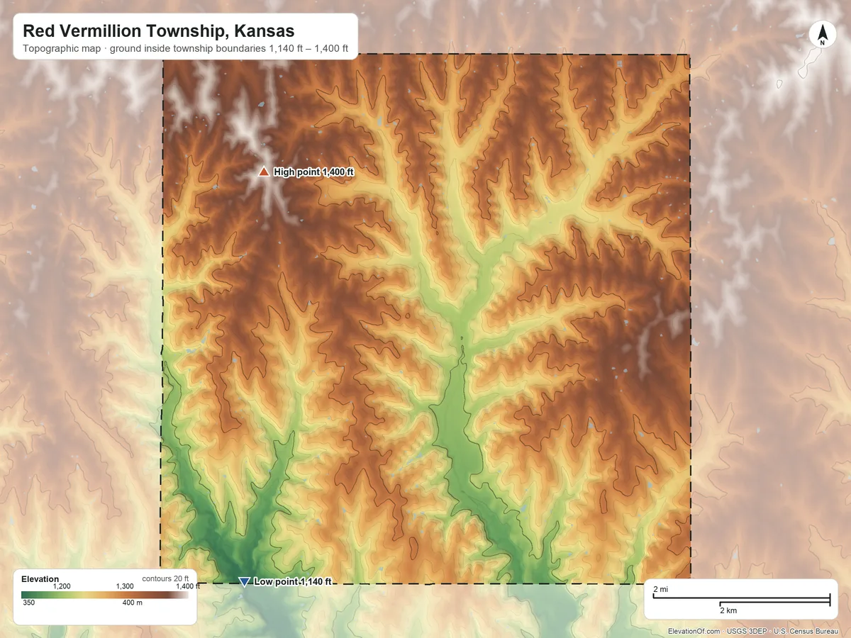 Topographic elevation map of Red Vermillion Township, Kansas, shaded from 1,140 ft on the southwest side to 1,400 ft on the northwest side
