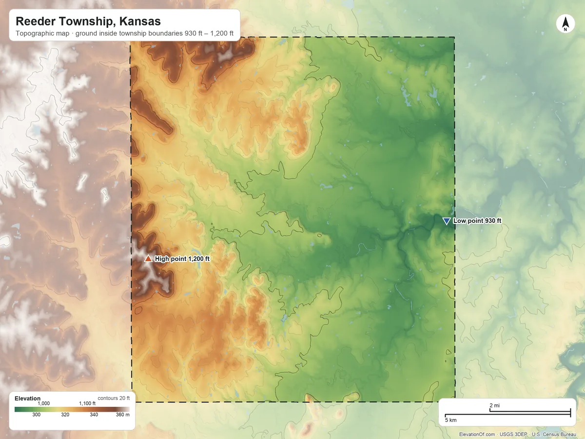 Topographic elevation map of Reeder Township, Kansas, shaded from 930 ft on the east side to 1,200 ft on the west side
