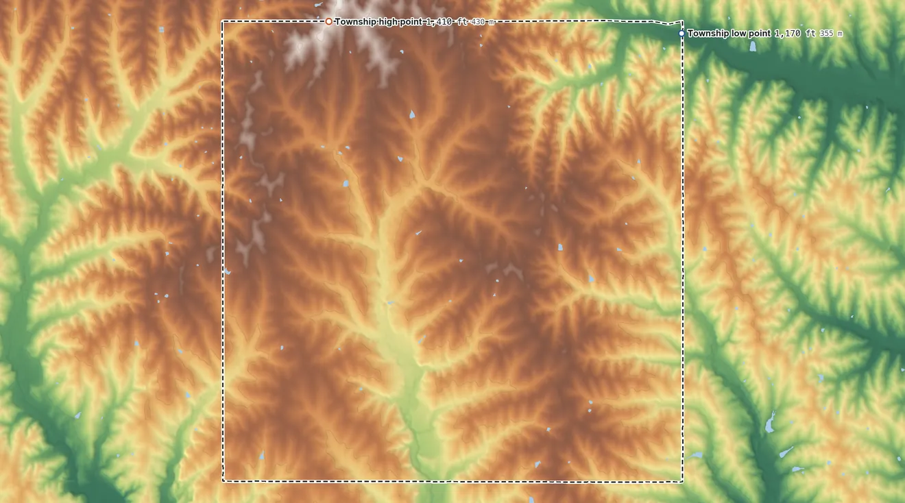 Topographic elevation map of Reilly Township, Kansas, shaded from 1,170 ft on the northeast side to 1,410 ft on the northwest side